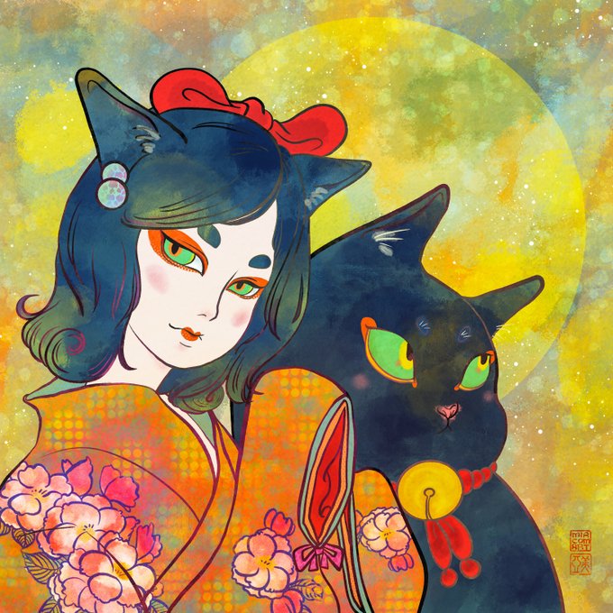 A colorful illustration of a Japanese-style female figure with cat ears and a red bow alongside a black cat, both wearing traditional attire, set against a yellow moon background.