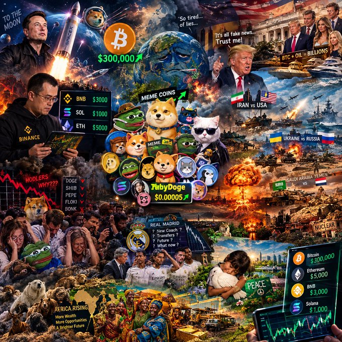 A chaotic digital collage featuring various memes, political figures like Trump, cryptocurrency references (BTC, ETH, BNB, SOL, DOGE, SHIB), meme coins (FlabyDoge), geopolitical conflicts (Ukraine vs Russia, Iran vs USA, Saudi Arabia vs Yemen), and Elon Musk with a SpaceX rocket labeled 'TO THE MOON'.