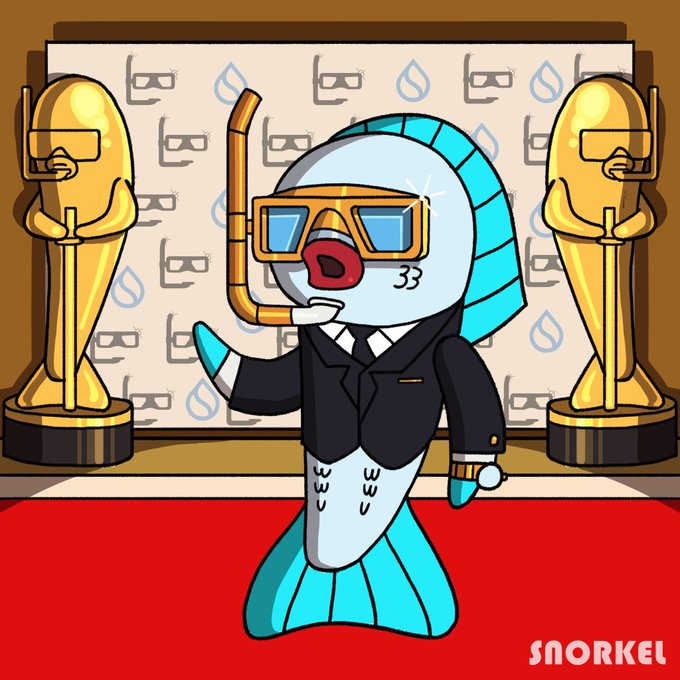 A cartoon character of a fish wearing a suit, snorkel mask, and blue flippers, flanked by two golden trophies against a patterned backdrop.