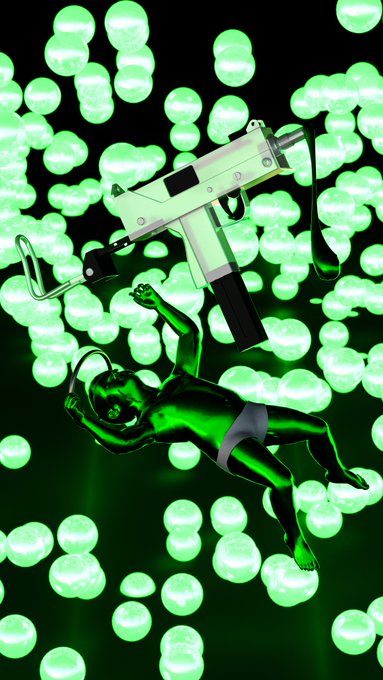 A surreal digital artwork featuring a glowing green scuba diver floating weightlessly while holding a large submachine gun, surrounded by luminous green spheres against a dark background.
