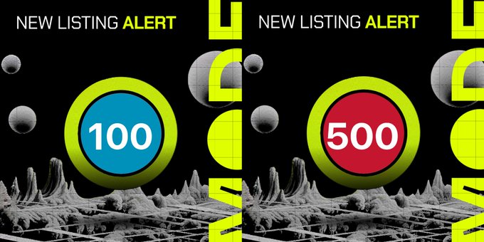A new listing alert graphic features a black space-themed background with a green grid landscape, displaying two large circular badges: a blue "100" and a red "500," corresponding to the NAS100 and SPX500 stock indices highlighted in the post about their performance on Mode Trade.