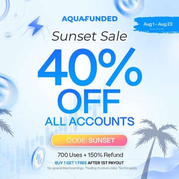 An advertisement for AQUAFUNDED's 'Sunset Sale' offers 40% OFF ALL ACCOUNTS with code 'SUNSET' from Aug 1-23, including 700 Uses + 150% Refund and 'BUY 1 GET 1 FREE AFTER 1ST PAYOUT'.