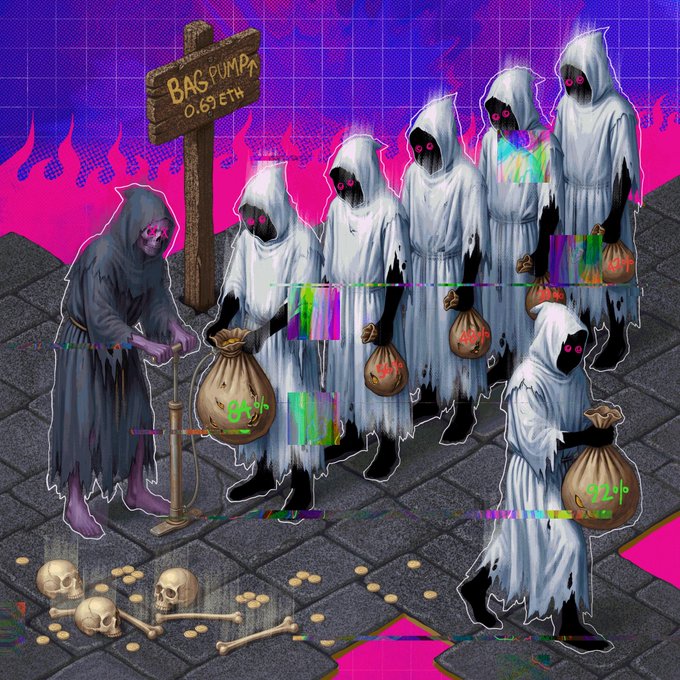 Digital artwork depicting hooded skeletal figures with glowing pink eyes carrying bags of gold, standing near a wooden sign that reads 'BAGS PUMPA 0.09 ETH' against a glitchy pink and purple background.