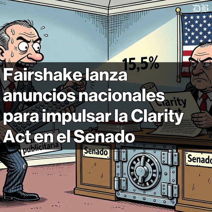 Cartoon illustration showing a man pushing an advertising machine, with Spanish text reading 'Fairshake lanza anuncios nacionales para impulsar la Clarity Act en el Senado.'