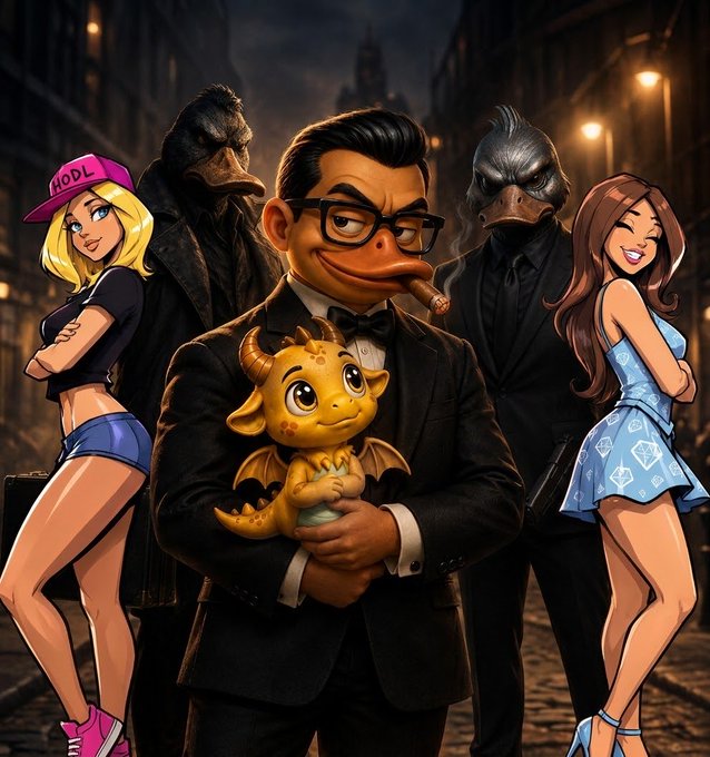 A stylized cartoon illustration depicts a man with a cigar in a suit holding a small yellow dragon, flanked by two bird-masked figures and two women, with one blonde wearing a 'HODL' cap and another in an Ethereum-patterned dress.