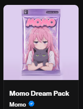 A Funko Pop figure of Momo from "Momo Dream Pack" is displayed in its packaging, featuring the character's signature pink hair and outfit. The caption "Can i pack my waifu now" playfully references the figure being collectible and packable like the NFT pack shown.