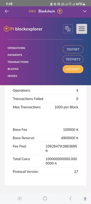 Screenshot of a Pi blockchain explorer mobile app showing network statistics including 4 operations, a fee pool of 10928479.0863685 π, and protocol version 27 on MAINNET.