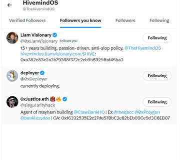 The image shows a Twitter screen with multiple posts from different users. The main focus of the image is a post by @HivemindOS, which includes a link to a GitHub page that has information about token utility services. This post also mentions a deployment agent and an agent governance service.
