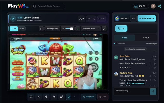A PlayWB.com live streaming page showing a casino/trading game '3 Holiy Hippós' hosted by 0xf198, featuring chat messages discussing a roulette game and a woman visible in the gameplay.
