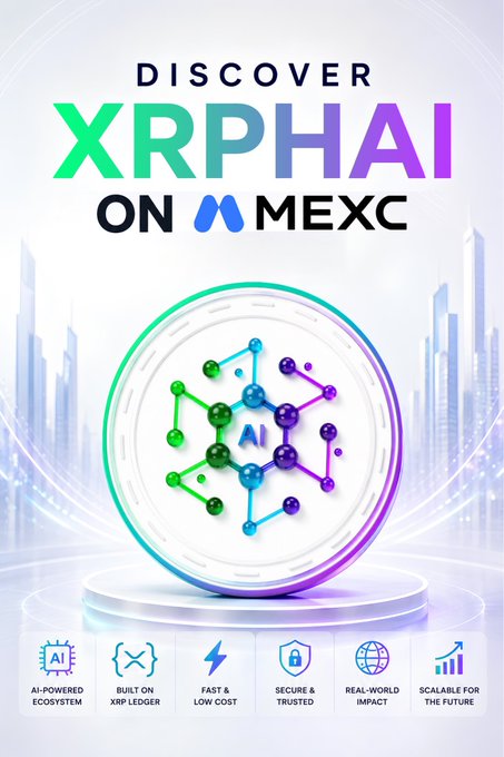 Promotional poster reading 'DISCOVER XRPHAI ON MEXC' featuring a futuristic coin with AI molecular graphics, highlighting features like 'AI-POWERED ECOSYSTEM,' 'BUILT ON XRP LEDGER,' 'FAST & LOW COST,' 'SECURE & TRUSTED,' 'REAL-WORLD IMPACT,' and 'SCALABLE FOR THE FUTURE.'