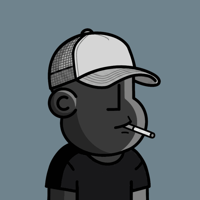 A minimalist cartoon illustration of a character wearing a white mesh trucker cap and smoking a cigarette, rendered in grayscale against a muted blue background.