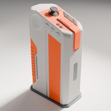 The image features a 3D rendering of an orange and white object, which appears to be a small electronic device or gadget. The object has a unique design with multiple buttons and a control panel, suggesting that it might be a gaming console or a similar type of electronic device. The object is placed on a gray surface, possibly a table or countertop, against a plain background. The image also contains text that reads "bit miner @getPlasticity #b3d", which could potentially be a reference to the creator or manufacturer of this item.