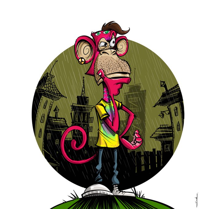 A cartoon illustration of a pink monkey character wearing a yellow shirt and headphones, standing in the rain against a cityscape background.