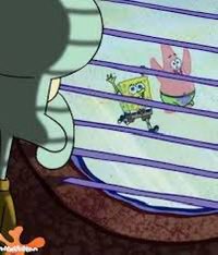 A still from the animated series SpongeBob SquarePants shows SpongeBob and Patrick through a purple net, with Squidward partially visible in the foreground.