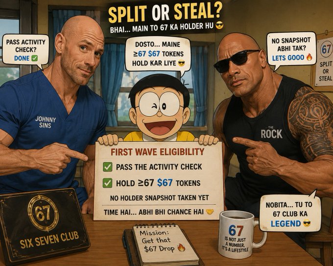 A meme image titled 'SPLIT OR STEAL?' featuring Johnny Sins and The Rock flanking an anime character holding a 'FIRST WAVE ELIGIBILITY' checklist for the 67 Six Seven Club.