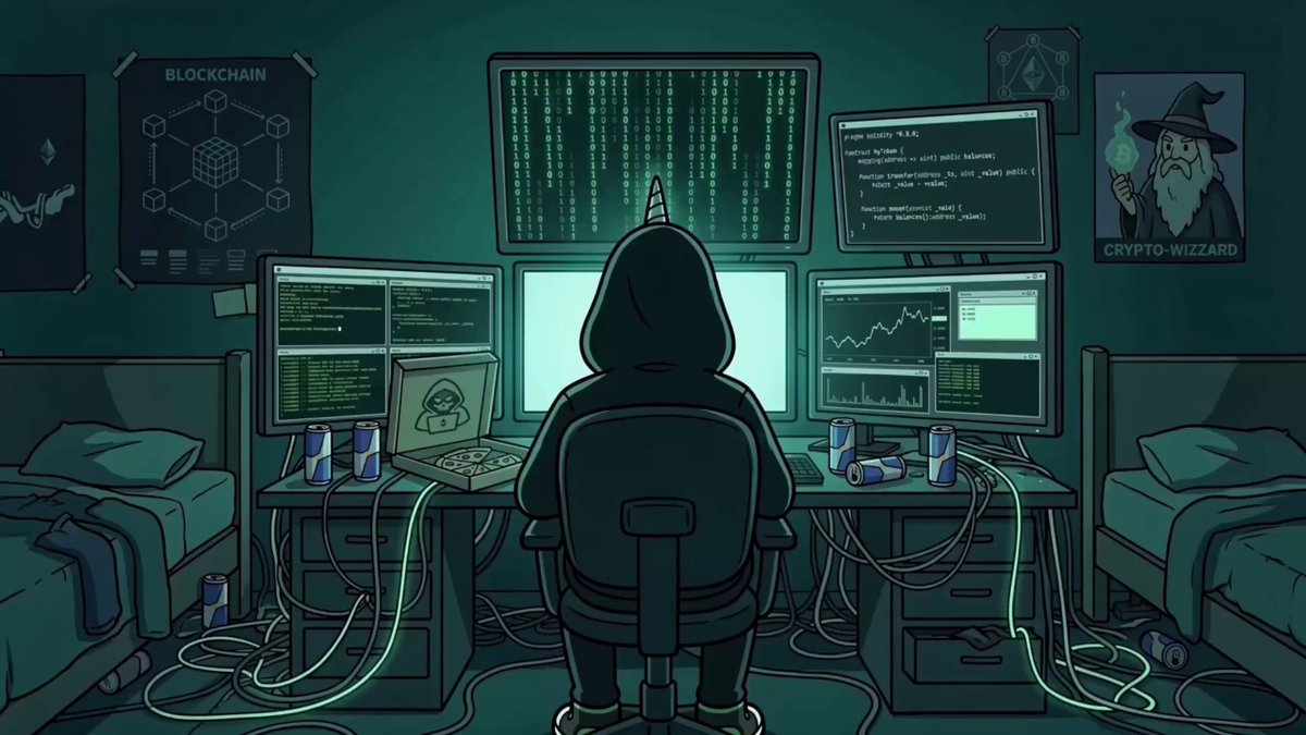 The image shows a person sitting at a desk with multiple computer monitors, surrounded by various electronic devices such as laptops and keyboards. The person appears to be working or engaged in some form of digital activity. In the background, there are posters on the wall that seem to be related to cryptocurrency or blockchain technology. The post about Ethereum Genesis Block mentions that 3,000 wallets were created on July 30, 2015, but most of them have been wiped out due to a bug. The image also includes a reference to Uniswap and v4 hooks being used for Ethereum Genesis Block creation.