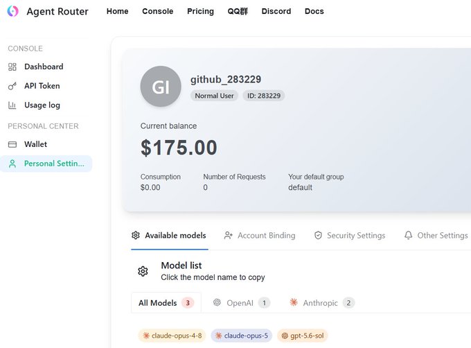 The image shows the Agent Router dashboard for user "github_283229" displaying a current balance of $175.00 with $0.00 consumption and 0 requests, alongside an "Available models" tab showing options like claude-opus-4-8, claude-opus-5, and gpt-5-6-sol. This visual confirms the post's claim about receiving $175 in free API credits via the Agent Router platform using GitHub sign-in.