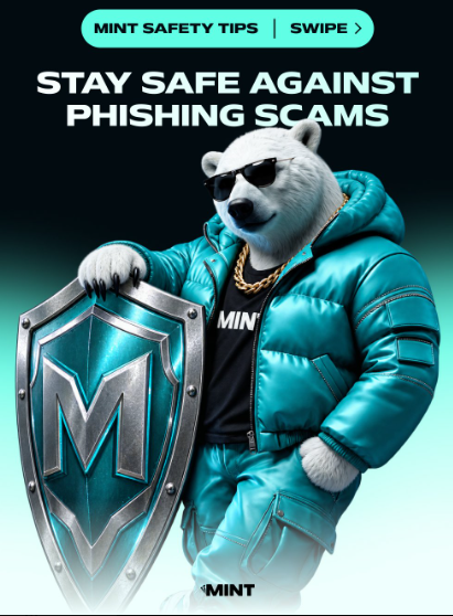 A polar bear wearing sunglasses, a gold chain, and a teal puffer jacket holds a shield with an 'M' logo, under the text 'MINT SAFETY TIPS' and 'STAY SAFE AGAINST PHISHING SCAMS'.