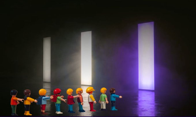 A line of nine toy figures with different colored hard hats stands on a reflective dark surface, looking toward three glowing white and purple vertical light panels.