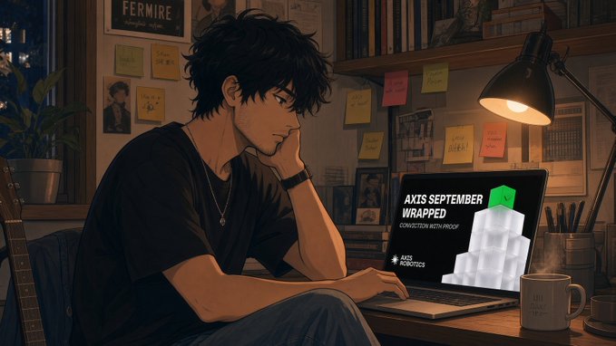 An anime-style young man works at a laptop in a cozy, dimly lit room; the screen displays 'AXIS SEPTEMBER WRAPPED' and 'CONVICTION WITH PROOF'.