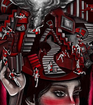 A surreal digital artwork featuring a woman's face beneath an elaborate mindscape of red and black staircases, small figures, and a TV screen, which is being showcased on Times Square billboards at NFT NYC 2026 between 8:30-9:00 pm.