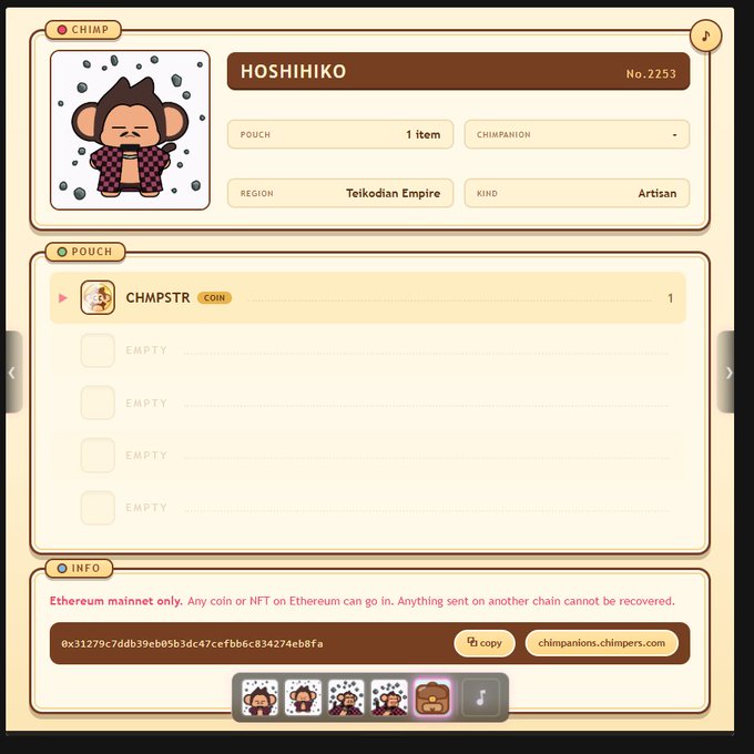 A digital character profile displays 'HOSHIHIKO' No. 2253, a Chimpanion from the Teikodian Empire categorized as an Artisan, with a pouch containing one CHMPSTR coin and an Ethereum mainnet address.