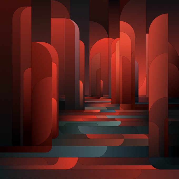 An abstract digital illustration featuring tall, rounded architectural pillars in shades of red and dark teal, creating a sense of depth and perspective.