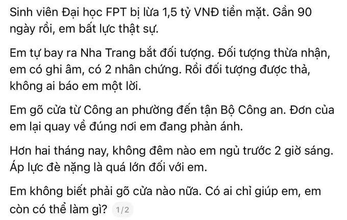 A screenshot of a Vietnamese text post describing a distressing situation involving a 1.5 billion VND scam, with the victim seeking help.