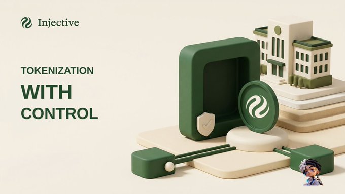 A promotional graphic for Injective reads 'TOKENIZATION WITH CONTROL' alongside 3D illustrations of buildings, a green safe, and a coin.