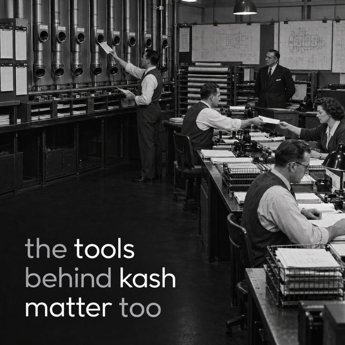 A black and white historical image of office workers in a vintage business setting, overlaid with the text 'the tools behind kash matter too'.