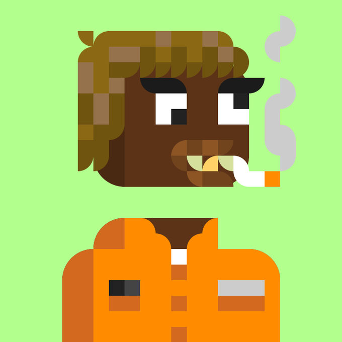A pixel-art style illustration of a dark-skinned character with brown hair, smoking a cigarette, wearing an orange jumpsuit, set against a light green background.