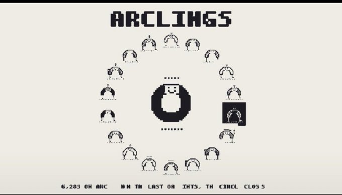 A pixel art graphic displays the text 'ARCLINGS' above a circle of small penguin-like characters surrounding a central larger figure, with the caption '6,283 ON ARC WIN THE LAST ON JOINS. THE CIRCLE CLOSES'.