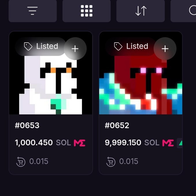 A screenshot of a Solana NFT marketplace showing two listed pixel-art style NFTs from The Seekers collection, #0653 priced at 1,000.450 SOL and #0652 priced at 9,999.150 SOL, both with a 0.015 SOL floor price, supporting the post's pitch to buy into the project.