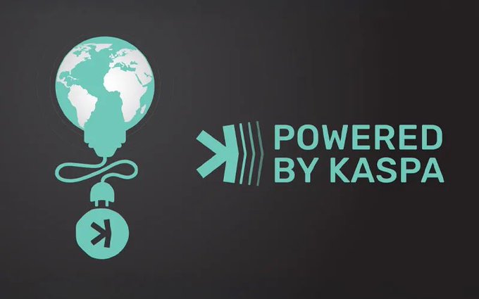 The image features a logo for Kaspa, which includes a globe with an arrow pointing towards it. The globe is green and white, and it's positioned above a lightbulb that has been connected to it by a string. The lightbulb is also green and white in color. The text "Kaspa" is written below the globe, and the phrase "powered by Kaspa" is written above the globe.