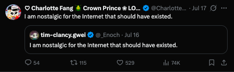 A screenshot of a Twitter/X post by Charlotte Fang (@Charlotte...) quoting a tweet from tim-clancy.gwel (@_Enoch) that reads 'I am nostalgic for the Internet that should have existed.'