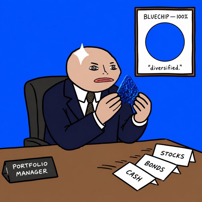 A cartoon illustration of a bald portfolio manager in a suit holding a blue crystal, with a nameplate, papers labeled 'CASH', 'BONDS', and 'STOCKS', and a chart on the wall showing 'BLUECHIP — 100%' with a pie chart labeled 'diversified'.