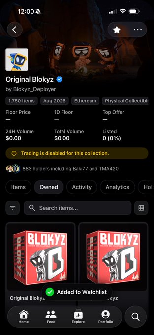 A mobile screenshot of the "Original Blokyz" NFT collection page on OpenSea, showing 1,750 items with 883 holders on Ethereum, including Baki77 and TMA420, confirming that presale participants have received their airdropped Blokyz collectibles.

```json
{
  "caption": "A mobile screenshot of the 'Original Blokyz' NFT collection page on OpenSea, showing 1,750 items with 883 holders on Ethereum, including Baki77 and TMA420, confirming that presale participants have received their airdropped Blokyz collectibles."
}
```