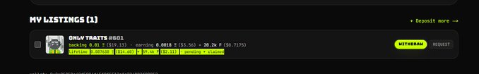 A screenshot of a NFT marketplace listing for 'ONLY TRAITS #801' showing deposit information with options to 'WITHDRAW' or 'REQUEST'.