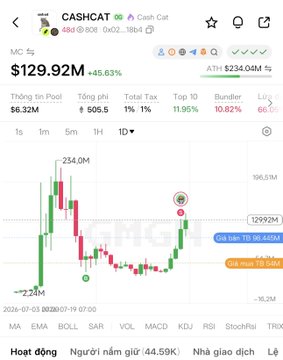 A cryptocurrency price chart for the token CASHCAT showing a price of $129.92M, up 45.63%, with a 1H candlestick chart displayed.