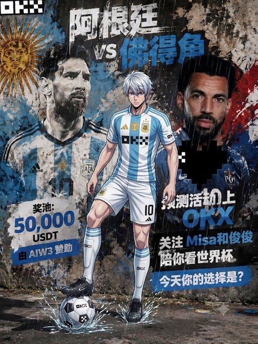 The image is a promotional graphic for an OKX-sponsored prediction event featuring an Argentina vs. France World Cup matchup, with Messi and an anime-style character in Argentina's #10 jersey, advertising a 50,000 USDT prize pool sponsored by AIW3 and prompting viewers to follow "Misa和俊俊" for World Cup coverage. The accompanying post ties this directly to the July 4th match at Miami's Hard Rock Stadium, framing the 50,000 USDT prize pool (sponsored by AIW3) as a way to "witness history" during this highly anticipated showdown.