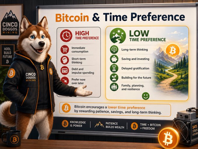 An infographic by Cinco Doggos Mining titled 'Bitcoin & Time Preference' contrasts high time preference (immediate consumption, short-term thinking, debt) with low time preference (long-term thinking, saving, delayed gratification), featuring an anthropomorphic husky in branded apparel.
