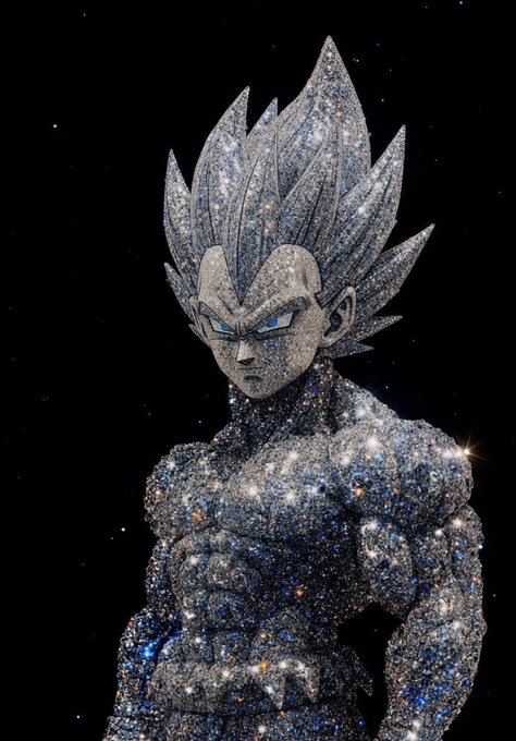 The image depicts a powerful anime character, Vegeta from Dragon Ball Z, whose body and spiky hair are composed entirely of a glittering starfield, blending into the cosmic black background. Fitting the post about $SOL (Solana), the artwork visually merges the character with the vast expanse of the universe, evoking themes of space and the cosmos often associated with space-themed cryptocurrencies.
