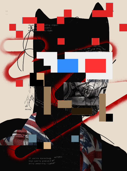 An abstract collage artwork features a fragmented face with pixelated elements in red, white, and blue, set against a beige background with red spray paint effects.