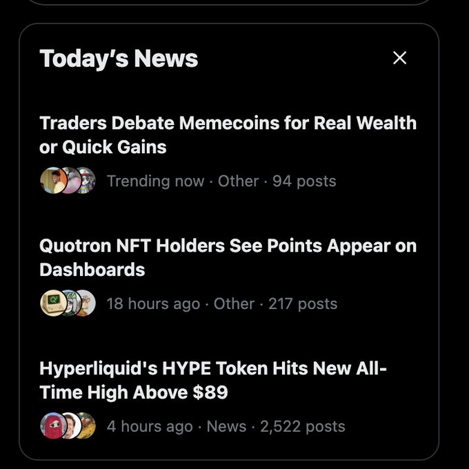 A "Today's News" panel displays three trending crypto stories: "Traders Debate Memecoins for Real Wealth or Quick Gains" (94 posts, trending now), "Quotron NFT Holders See Points Appear on Dashboards" (217 posts, 18 hours ago), and "Hyperliquid's HYPE Token Hits New All-Time High Above $89" (2,522 posts, 4 hours ago)—directly tying into the user's excitement about manually setting up their QUOTRON for points and missing out on the NASDANK.