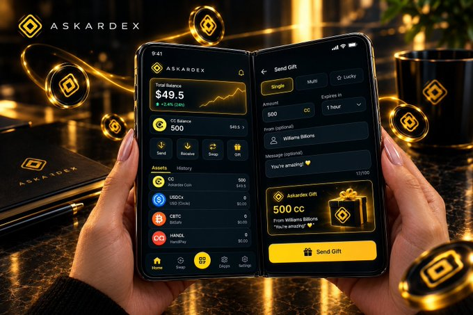 The image showcases someone holding a foldable smartphone displaying the Askardex app, featuring a digital wallet interface with a $49.5 total balance and crypto assets (CC, USDcs, CBTC, HANOI), alongside a "Send Gift" screen offering 500 cc to "Williams Bilovs." The luxurious black and gold aesthetic, accented with branded mugs and notebooks, reinforces the promotional post's call to action inviting users to access Askardex through the provided link.