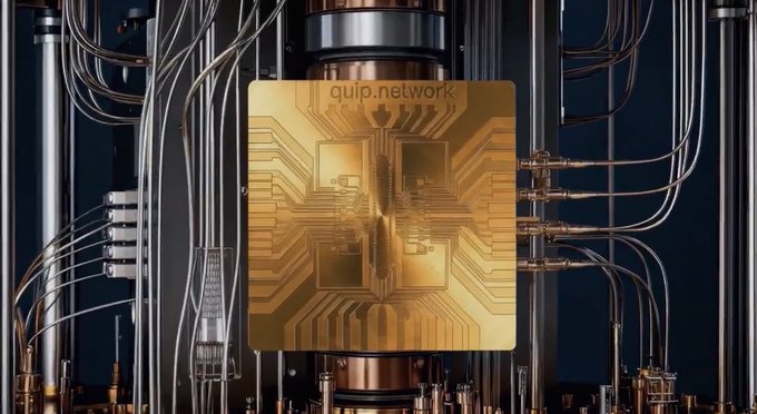A 3D-rendered golden microchip labeled 'quip.network' is mounted in a high-tech, industrial chamber filled with complex wiring, pipes, and metallic structures.