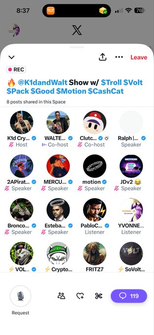 A mobile screenshot of an X (Twitter) Spaces recording interface for "$Pack $Good $Motion $CashCat" hosted by K1dandWalt featuring multiple speakers including 2APirat, MERCU, JDv2, Bronco, and others, showing 119 listeners.