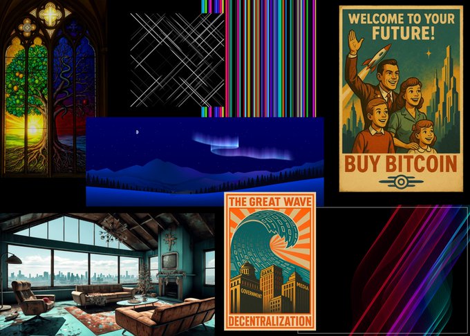 A collage featuring various images including a stained glass window, geometric patterns, a retro 'BUY BITCOIN' poster saying 'WELCOME TO YOUR FUTURE!', a nighttime mountain scene with aurora borealis, a modern living room interior, and a 'DECENTRALIZATION' poster reimagining The Great Wave with Bitcoin.