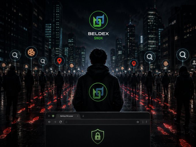 A dark, cyberpunk-style promotional graphic features a hooded figure with the 'BELDEX $BDX' logo floating above, surrounded by crowds and floating search icons, with a 'Beldex Browser' window at the bottom.