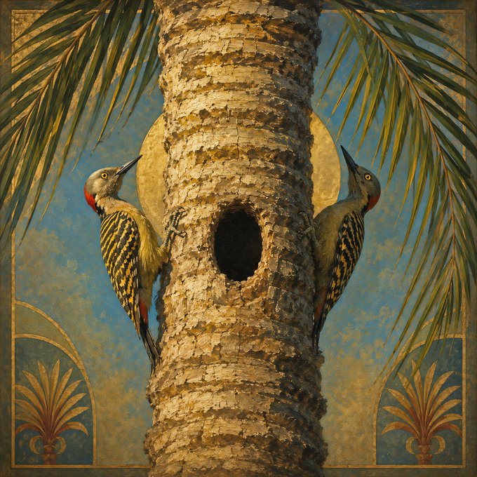 A decorative painting showing two woodpeckers perched on opposite sides of a palm tree trunk, with a golden sun/moon behind it and Egyptian-style lotus motifs in the lower corners.